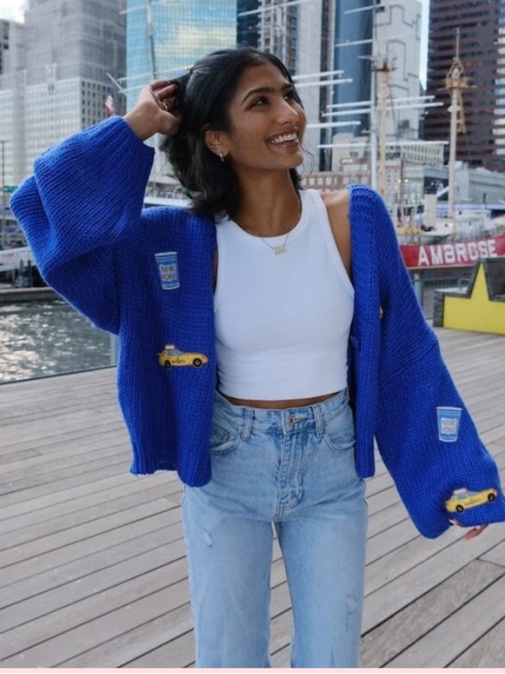 Mure + Grand Puff Blue Cardigan Sweater Taxi NYC New York Patches M/L Worn Once